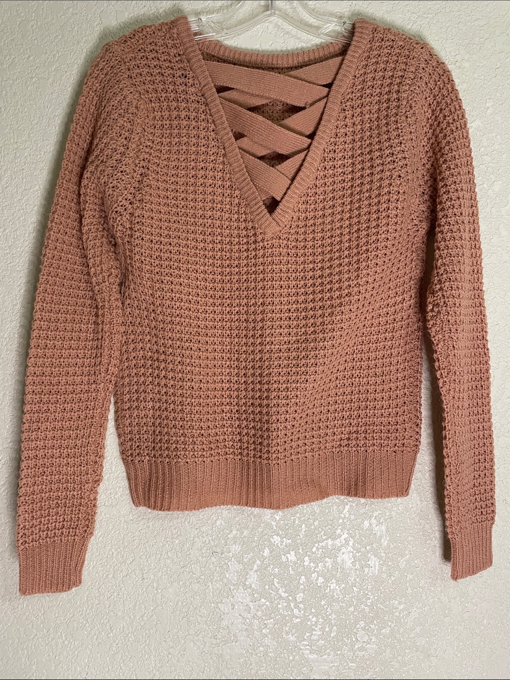 Ambiance Apparel Waffle-Knit V-Neck Crisscross Sweater